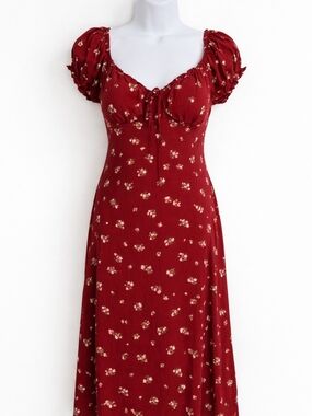 Madden Girl Maroon Floral Midi Dress Size M Puff Sleeve Cottagecore Tie Front